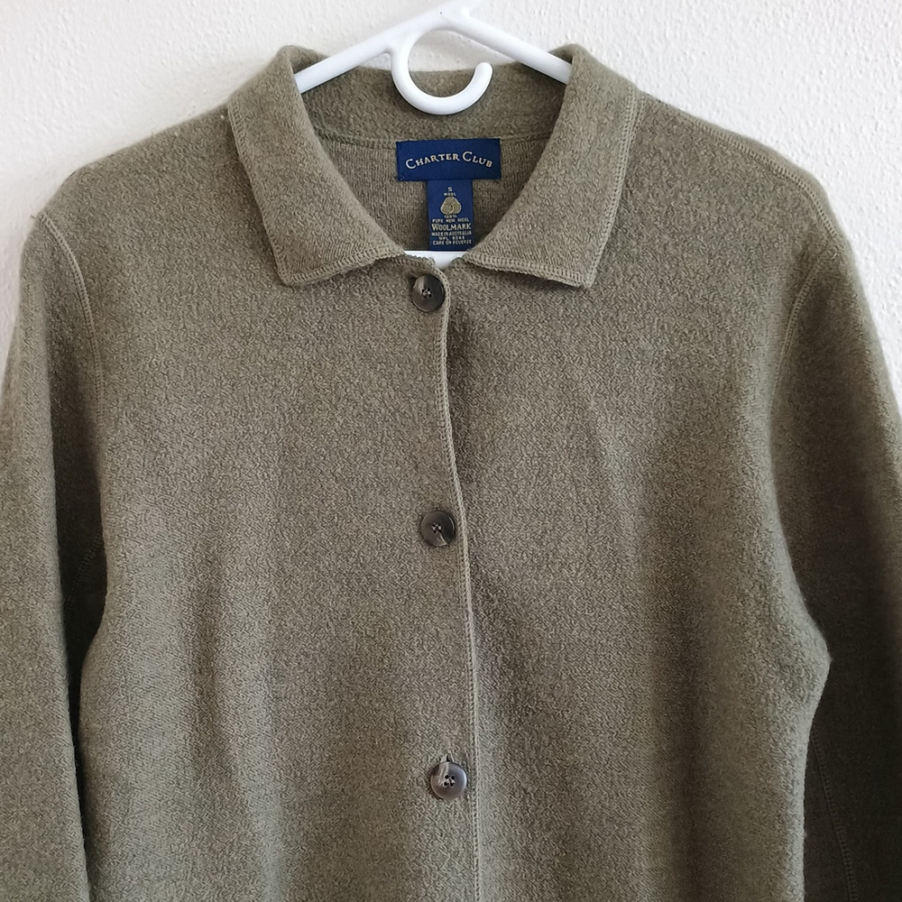 Vintage Charter Club 100% Pure New Wool Button Cardigan Olive Green Womans Small - Picture 2 of 8